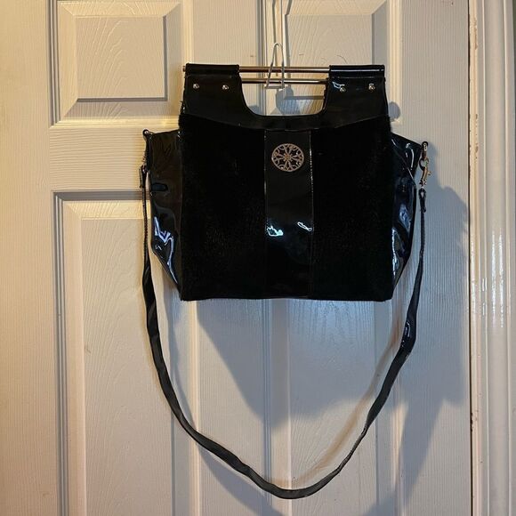 Avon the collection black velour and patent handbag bag with gold accents. - Picture 8 of 11